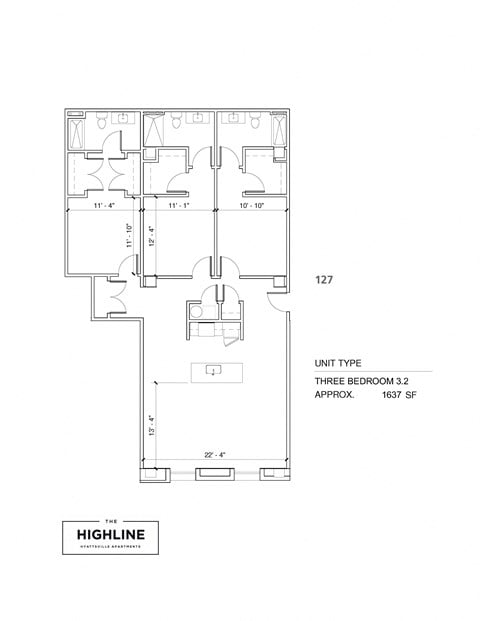 Floor plan for 3 beds, 3 baths, 1650 sqft